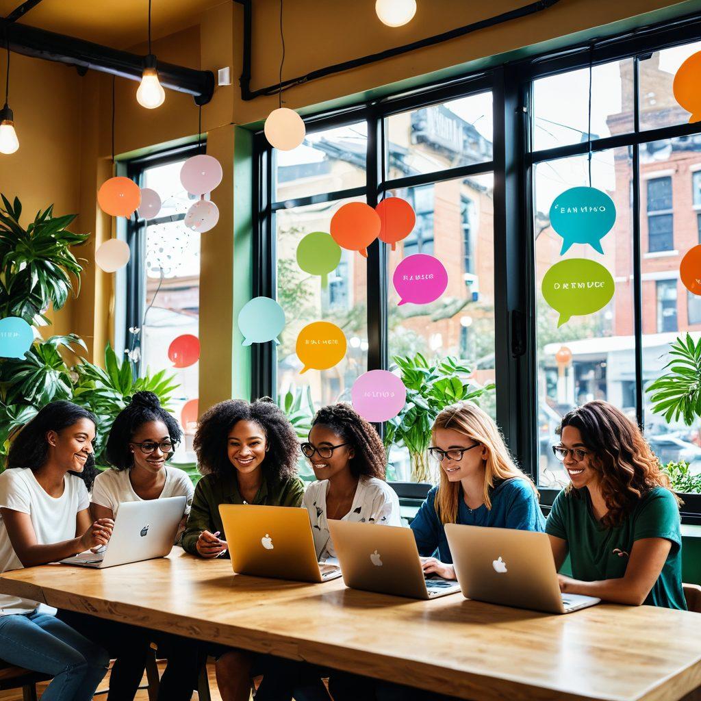 A dynamic scene showcasing a diverse group of bloggers passionately writing on laptops in a vibrant coffee shop, with digital elements like floating text bubbles and social media icons around them, symbolizing connection and creativity. The environment is filled with colorful coffee cups, plants, and warm sunlight streaming through the windows. super-realistic. vibrant colors. modern digital art.