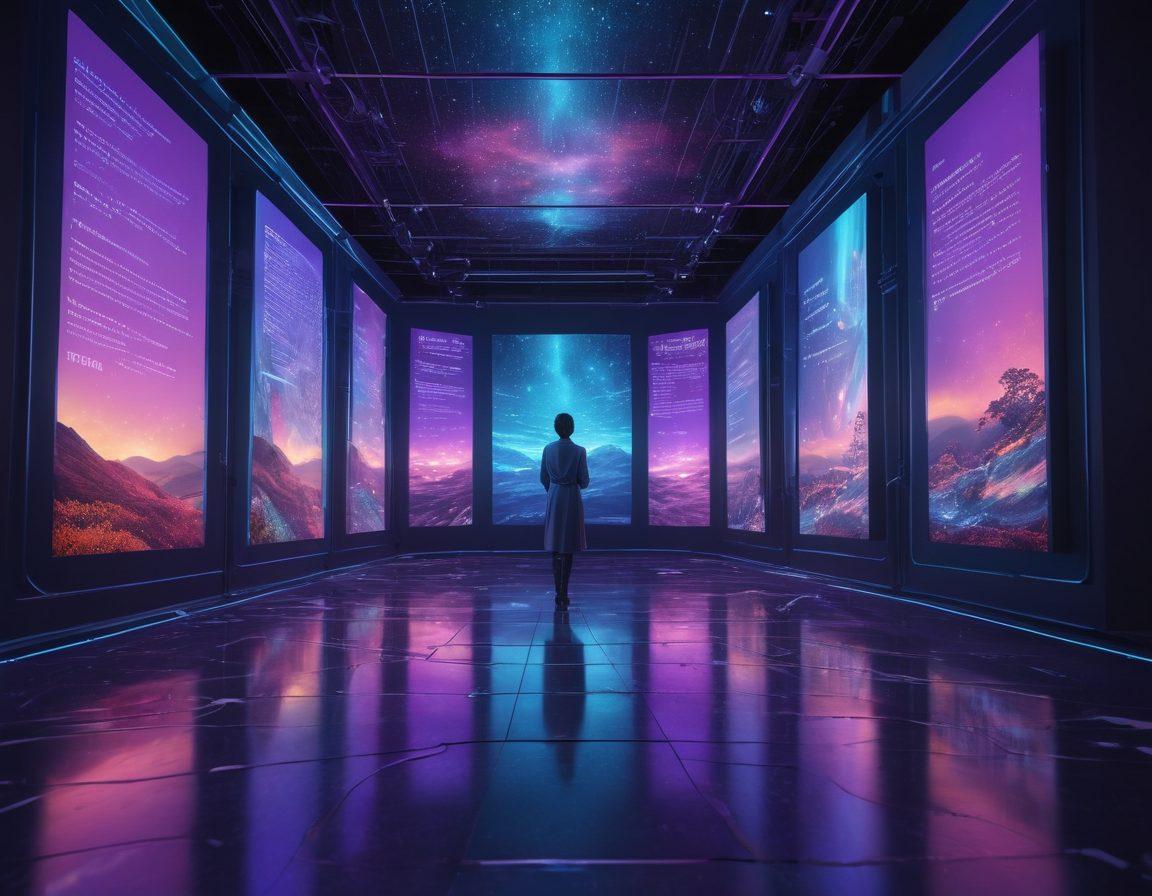 A futuristic storyteller standing at the intersection of a digital dreamscape, surrounded by floating holographic books and glowing screens, depicting a blend of personal diaries and diverse narratives. Ethereal figures representing voices of creativity and insight are swirling around, symbolizing personal growth through storytelling. The color palette incorporates vibrant blues and purples, enhancing the digital atmosphere. super-realistic. vibrant colors. 3D.