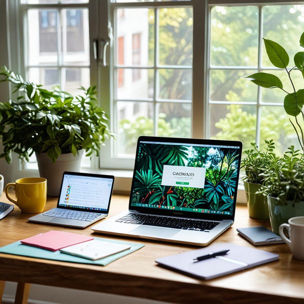 A creative workspace featuring a laptop with a vibrant blog open, surrounded by colorful notepads, coffee mugs, and plants. Display social media icons floating around, symbolizing online presence. A person sitting thoughtfully, typing away, showcasing the essence of blogging. Bright sunlight streaming in through a window, creating an inspiring atmosphere. super-realistic. vibrant colors. cozy ambiance.
